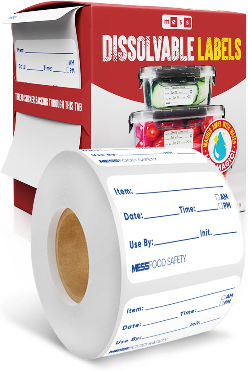 MESS Dissolvable Food Labels, 1x2, 200/Roll - Dissolves in 30 Seconds or Less - Removable Pantry, Meal Prep & Food Storage Labels â€“ Canning & Freezer Use - Image 1